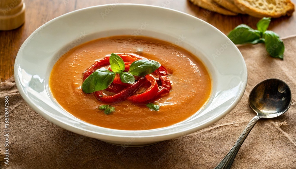 Creamy Roasted Red Pepper Soup with Basil Photographed Overhead in Deep Bowl Against Warm Italian Glow Creamy Roasted Red Pepper Soup with Basil Photographed Overhead in Deep Bowl Against Warm Italian Glow