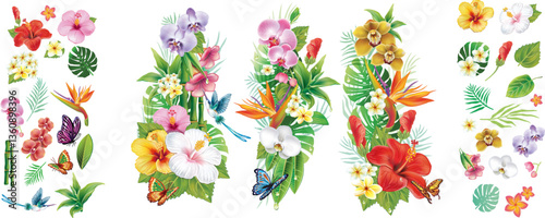Tropical Flowers and Leaves Set – Exotic Floral Arrangements and Individual Elements for Custom Designs