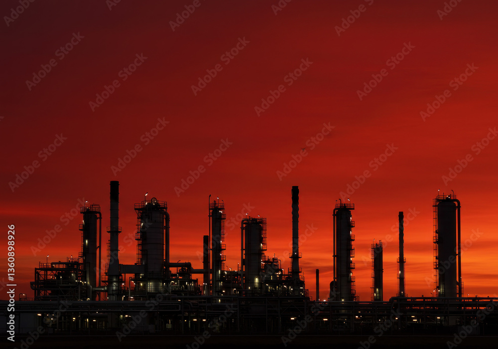 Refinery emitting smoke with golden sunset in the background, producing a dramatic and industrial landscape. Refinery emitting smoke with golden sunset in the background, producing a dramatic and industrial landscape.