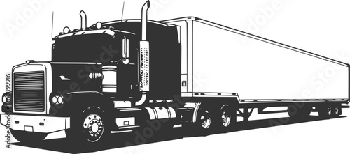 set of Drawing of an American Truck with a Trailer - Black Illustration Isolated on White Background, Vector
