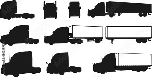 set of Drawing of an American Truck with a Trailer - Black Illustration Isolated on White Background, Vector
