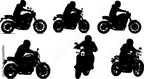 set of Drawing of a Biker on a Strong Motorcycle - Black and White Illustration with a American Rider from a Frontal View Isolated on a White Background, Vector
