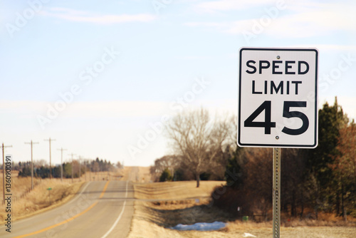 speed limit 45 sign prominently displayed in the foreground with clear sky, utility poles, trees, and open fields, suggesting a quiet, countryside setting