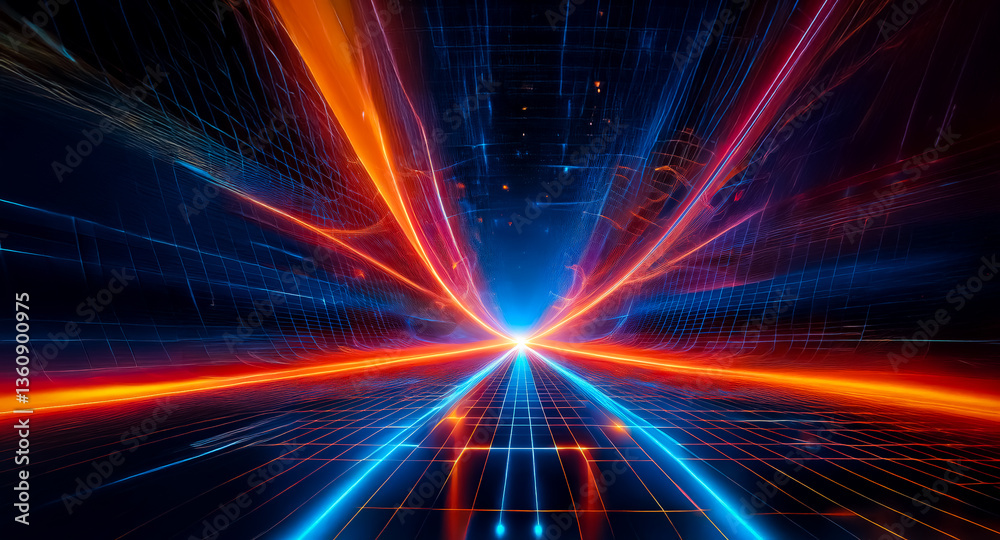 Obraz premium Abstract perspective of vibrant orange and blue light streaks converging at a central point, creating a dynamic sense of speed and futuristic energy.