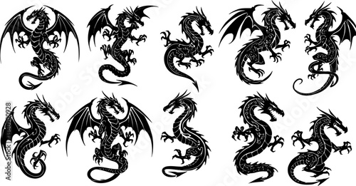 set of vector illustration, set of round tribal dragon tattoo designs, black and white graphics
