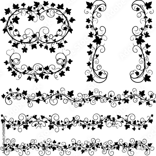 vector illustration, seamless pattern, decorative black and white curly ivy branches with leaves
