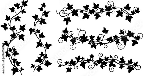 vector illustration, seamless pattern, decorative black and white curly ivy branches with leaves
