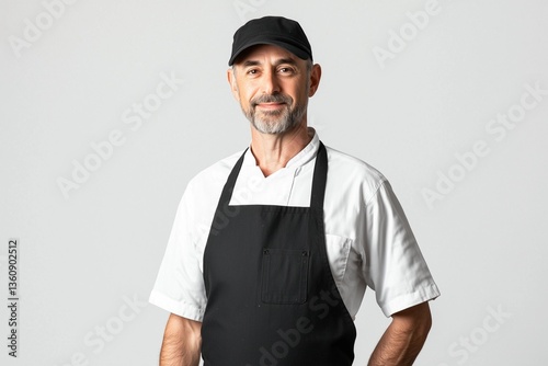 A medium, eye-level studio shot of a middle-aged man, possibly a chef, wearing a black apron and a black baseball cap over a white collared shirt. The background is a plain, light gray, providing a