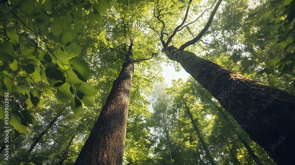Fototapeta premium Majestic trees reach for sunlight in a serene forest, showcasing nature's beauty amidst vibrant green foliage