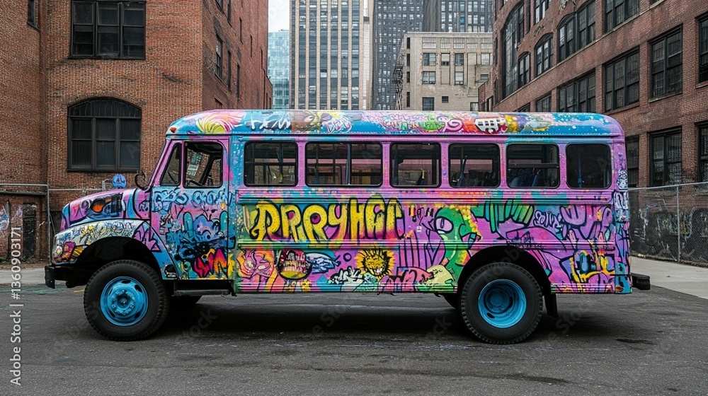 Obraz premium A colorful graffiti-covered school bus parked in an urban alleyway between brick buildings.