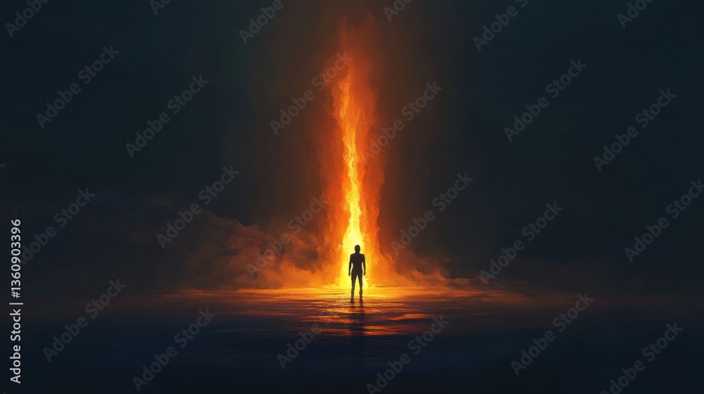 Obraz premium Silhouette Of A Man Facing A Towering Fiery Pillar In The Dark