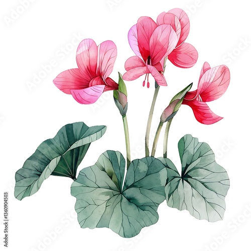 Watercolor Cyclamen Isolated on White Background. Beautiful Cyclamen Flower
