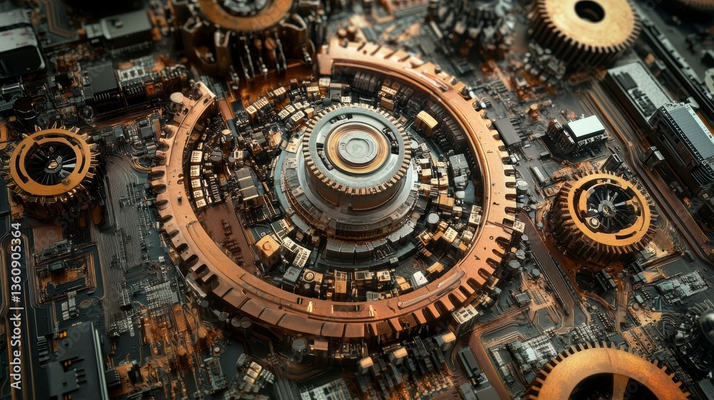 Intricate steampunk-inspired gears and circuitry mechanism. Intricate steampunk-inspired gears and circuitry mechanism.
