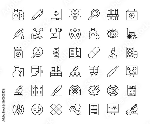 Medical tools icons. Outline symbols collection. Premium vector line icons set