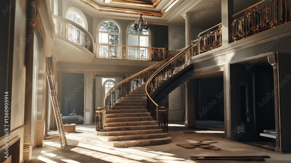 Obraz premium A luxury mansion under construction, grand staircase being installed --ar 16:9 --v 6.1 Job ID: ed065ed6-6924-437e-bd17-856e8dbcec17