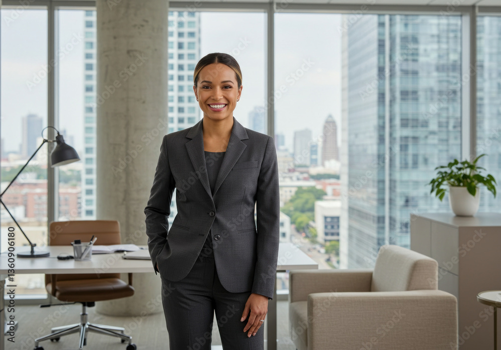Woman in suit standing in office, looking confidently at computer screen, surrounded by files and coffee cups, indicating busy workday. Woman in suit standing in office, looking confidently at computer screen, surrounded by files and coffee cups, indicating busy workday.