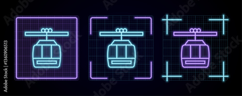 Cable car illustration, cyber neon visual, glowing border grid vector.	