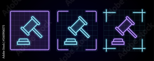 Justice gavel illustration, cyber neon visual, glowing border grid vector.	