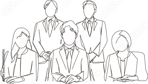 オフィスで活躍する社員の集合の線画イラスト
