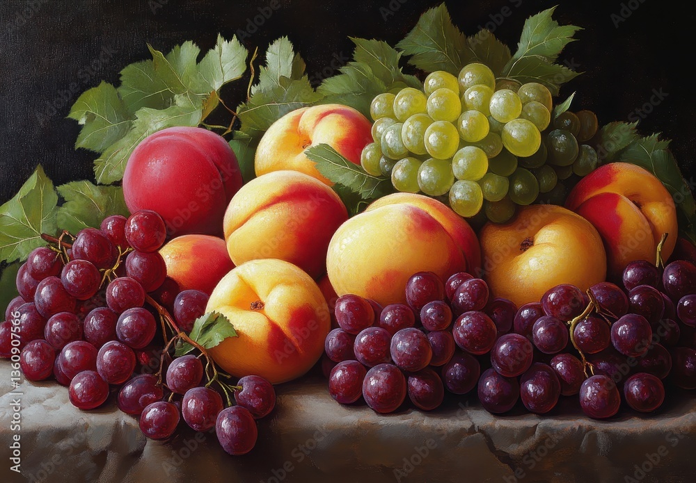 Vibrant Still Life of Fresh Fruits Including Grapes, Peaches, and Plump Bunches of Grapes Topped with Lush Green Leaves Ideal for Artistic Use Vibrant Still Life of Fresh Fruits Including Grapes, Peaches, and Plump Bunches of Grapes Topped with Lush Green Leaves Ideal for Artistic Use