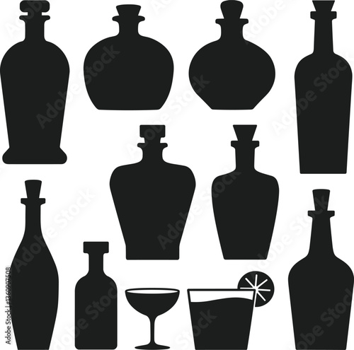 Vintage Liquor Bottles and Cocktail Glasses Silhouette Vector – Elegant Barware Illustration