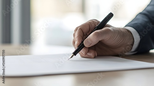 Elegant hand holding a pen, capturing thoughts on a crisp sheet of paper during a serene afternoon in a bright office environment