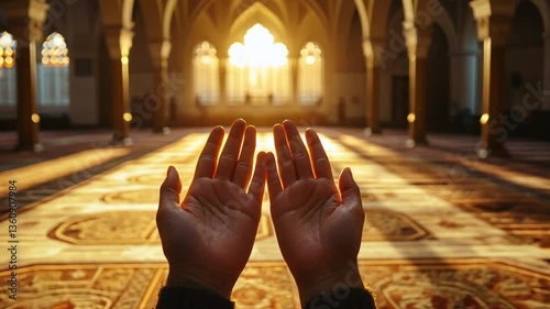 Spiritual Connection: Person Praying Inside a Mosque Bathed in Warm Light Creating Serenity