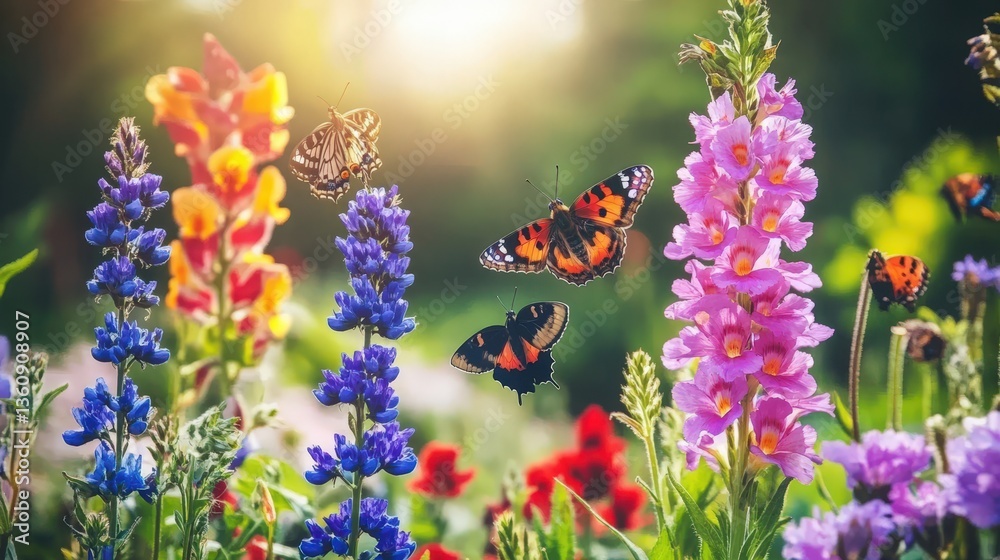 Obraz premium Vibrant wildflowers in bloom with colorful butterflies fluttering amidst a sunlit garden. A breathtaking scene of nature's beauty.