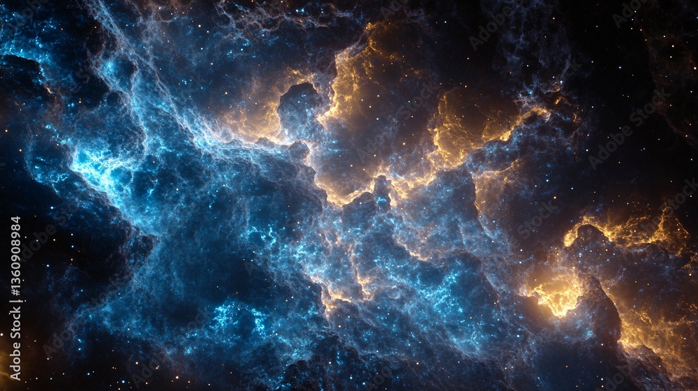 Fototapeta premium Blue and golden nebula floats amongst many shining stars gracefully