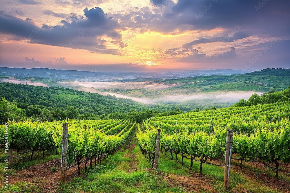 Naklejka premium Serene vineyard at sunrise, mist-covered valley, picturesque landscape. Ideal for wine, travel, and nature themes.
