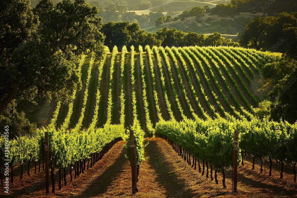 Obraz premium Sun-drenched vineyard rows stretch across a gently sloping hillside, bathed in the warm golden light of sunset. The picturesque scene evokes tranquility and the bounty of nature's harvest.