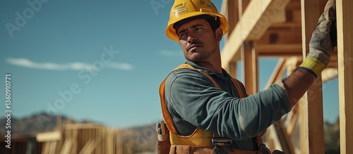 Construction workers from Mexico skillfully erect wooden frames for a residential building under clear blue skies during the day