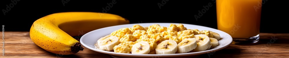 Fruit breakfast bananas, eggs, juice on wood table, black background, for healthy lifestyle Fruit breakfast bananas, eggs, juice on wood table, black background, for healthy lifestyle