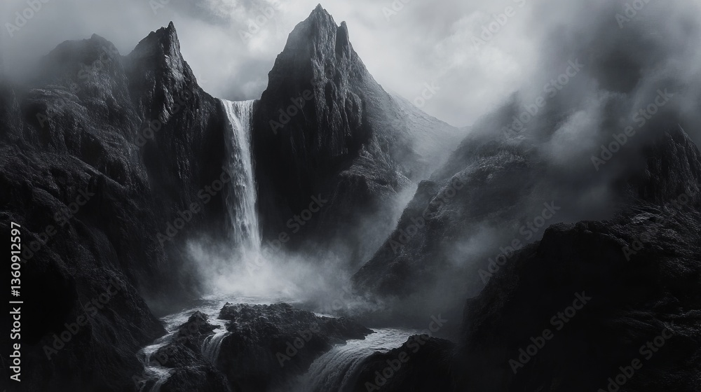 Fototapeta premium Generic Peak Waterfall View Pooling Void Into Mist