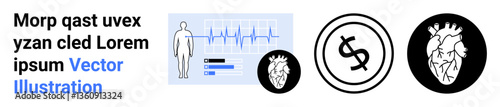 Human figure with ECG graph, heart diagram, and dollar sign. Ideal for healthcare, medical studies, finance in medicine, cardiology, analysis, diagnostics and abstract line flat metaphor