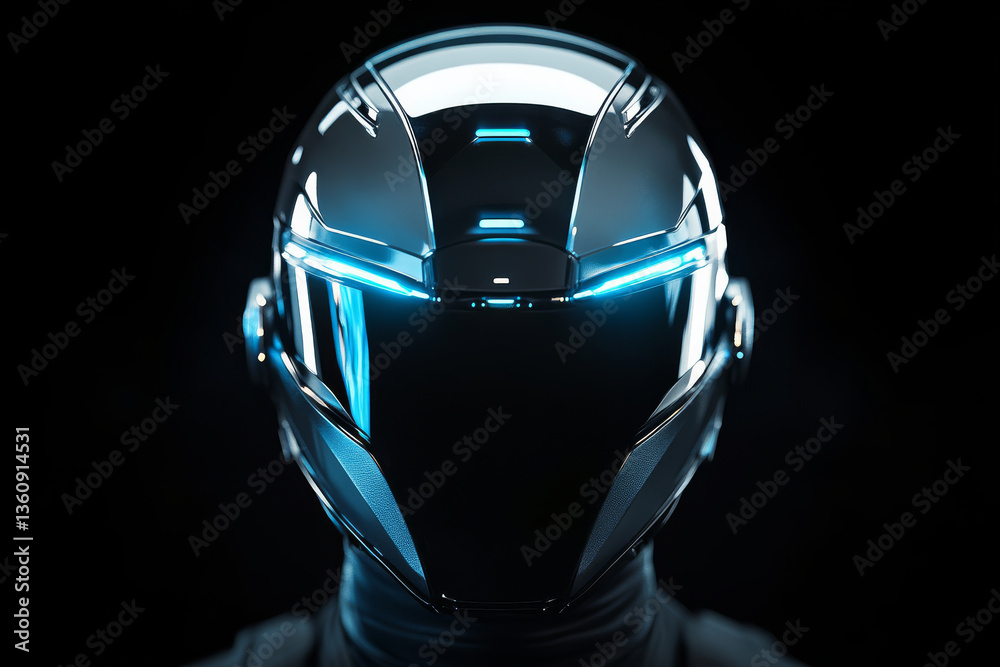 Obraz premium Cybernetic Visage: A futuristic, chrome helmet, with neon-blue accents, embodies the essence of technological advancement and modern design, set against a dark backdrop.