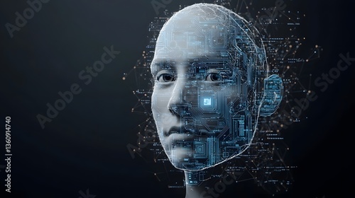 Evolving technology showcases a hyper-realistic digital human figure embodying intricate circuit patterns in a futuristic environment