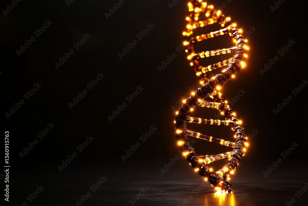 Obraz premium Illuminated Helix: A glowing representation of a DNA helix against a dark backdrop, symbolizing the building blocks of life, scientific exploration, and the intricacies of genetics.