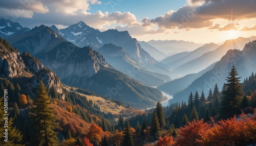 Majestic Mountain Valley in Autumn – Stunning Nature Landscape with Sunset Glow