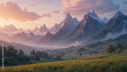 Majestic Mountain Landscape at Sunrise – Serene Nature Scenery with Rolling Hills and Misty Peaks