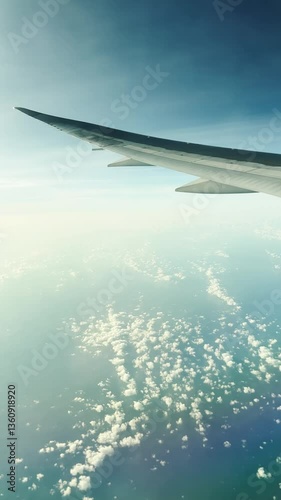 Looking out from an airplane flying above clouds, blue skies, day time