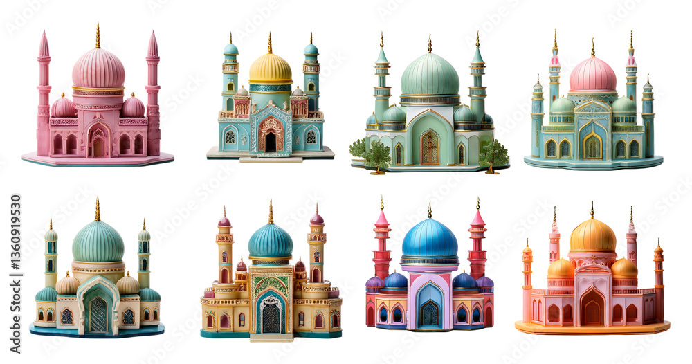 Fototapeta premium Colorful and Decorative Mosque Architecture Models for Displays, PNG bundle collection, Isolated on Transparent Background