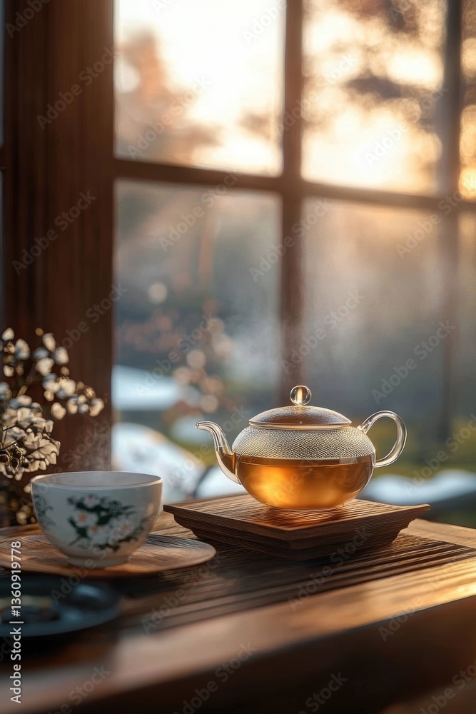 Fototapeta premium Hot tasty tea is served. Healthy drink. Relaxation.