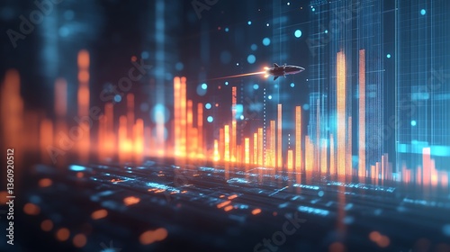 Futuristic Rocket Launch in Wireframe Cityscape, A digital illustration of a rocket launching into space with a futuristic cityscape in the background