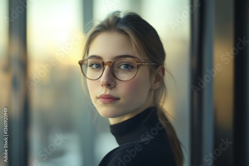 Free Download Young Brunette Woman with Glasses Looks Back Intensely - GFXLoad