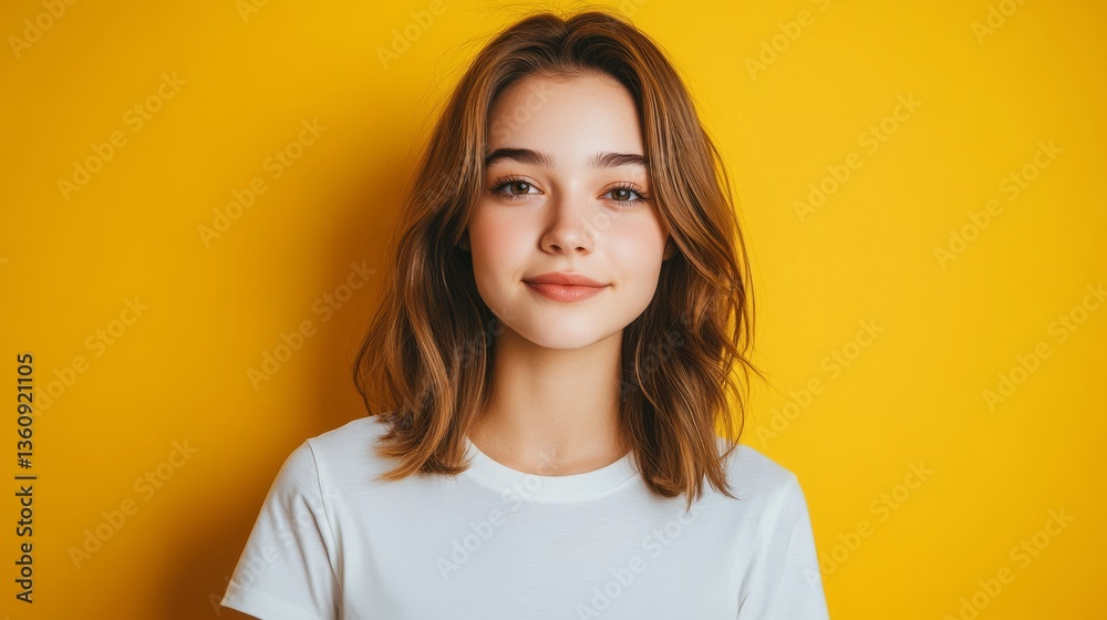 Young caucasian female with brown hair smiling against yellow background Young caucasian female with brown hair smiling against yellow background