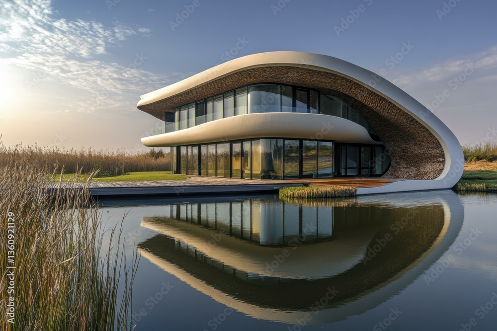 Fototapeta premium Modern Lakeside Home Design with Striking Architecture and Seamless Water Integration on a Calm Day, Providing Peaceful Reflection