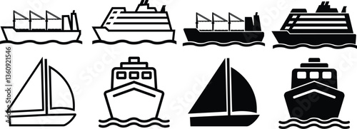 ship and boat icon in flat, line style set. water transport symbol. isolated on transparent background