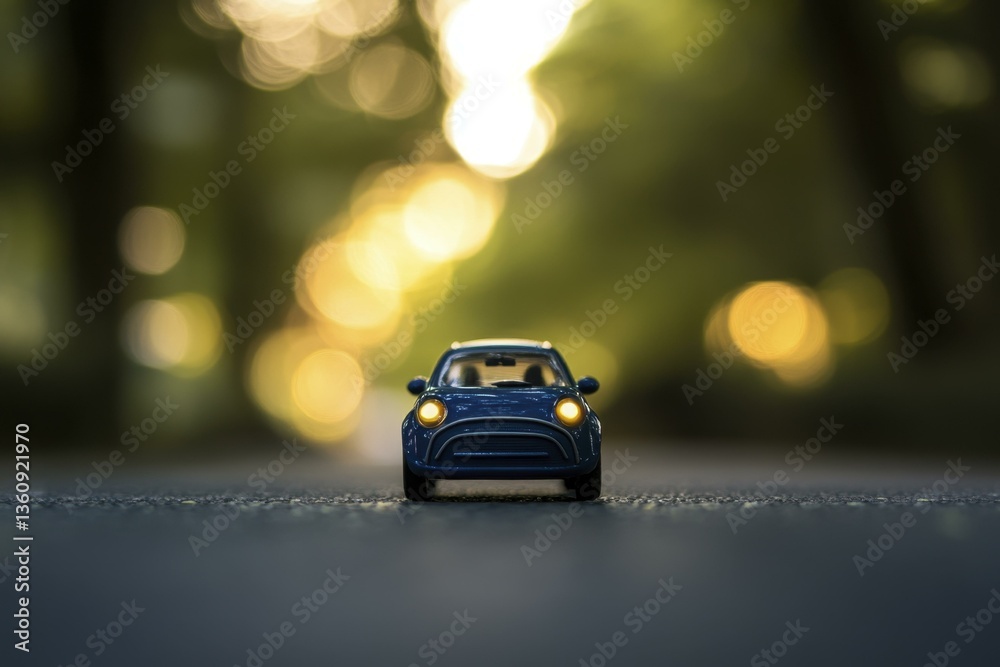 Fototapeta premium Toy Blue Car on Road with Headlights On, Blurry Background with Bokeh Lights