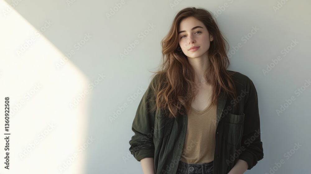 Young caucasian female with long hair in green jacket posing confidently against sunlit wall Young caucasian female with long hair in green jacket posing confidently against sunlit wall